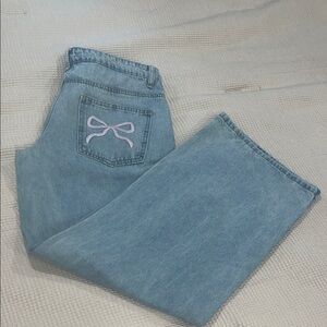 Edikted Light Blue wide Leg Jeans with Pink Bow Size M